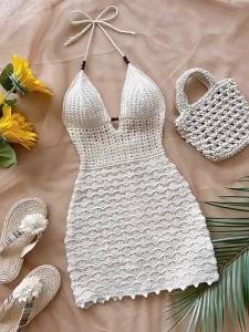 Đầm Nữ Mùa Hè Dáng Ôm Cổ V Chi Tiết Hạt Gỗ Phối Màu Ombre Chất Liệu Len Dây Spaghetti Phong Cách Bãi Biển