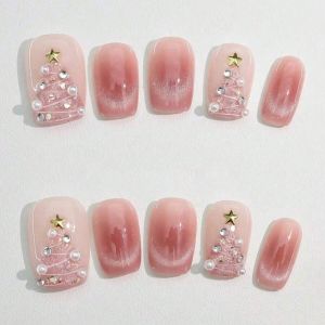 10 ชิ้น งานเพ้นท์เล็บทรงสี่เหลี่ยมแบบกดด้วยมือ งานเพ้นท์เล็บปลอมสวยงาม ลายต้นคริสต์มาสตาแมวสีชมพู เหมาะสำหรับผู้หญิงที่ต้องการใช้