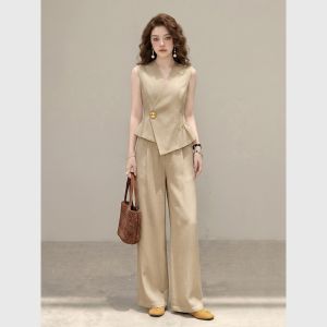 High-End Stylish Professional Outfit Set Tan Vest Wide Leg Trousers