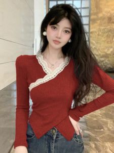 GUZILIAN | Soft Gentle Lace Trim V-Neck Knitted Slim Fit Short Sleeve Long Sleeve Base Shirt Women Outerwear Autumn Winter Pure Desire