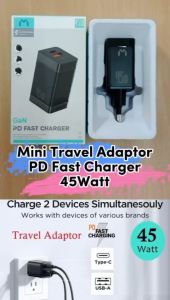 Mediatech Mini Travel Charger 45W 1C + 1A GaN PD Fast Charger - Hitam