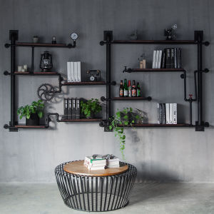Retro Iron Art Water Pipe Wall Mounted Solid Wood Shelf Living Room Industrial Style Display Rack Wall Bookshelf Artistic Country Style