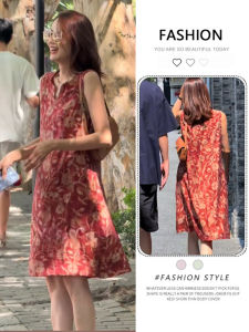 Summer Commute Simple Print Thin Dress Womens Fashionable Age-Defying Versatile Skirt Korean Style Loose Waist No Sleeve V-Neck