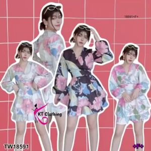 TW18591 Jumpsuit จั้มสูทแขนพองกางเกงกระโปรงลายใบไม้