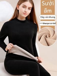 Dày Dặn Cao Cổ Áo Nhung Cừu Ấm Áp Quần Lót Nữ Bộ Một Mảnh Lông Cừu Lót Nguyên Chất Cotton Vải Bông Áo Len Mùa Đông Quần Áo Gia Đình