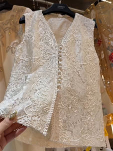 Elegant White Embroidered Lace Hollow out V-Neck Sleeveless Vest Chinese New Style Womens Summer High-End Fashion Commute