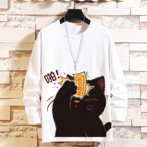 Autumn Casual Long Sleeve T-Shirt Creative Anime Cat Print Student Top Loose Fit Polyester Polyester Blend round Neck T-Shirt