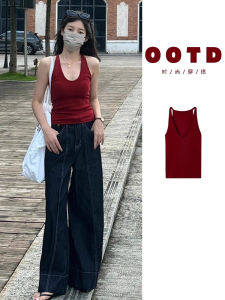 Thai Red U-Neck Halter Top Womens Unique Design Sleeveless Vest Summer Inner Wear Outerwear Hollow out Slim Fit Solid Color