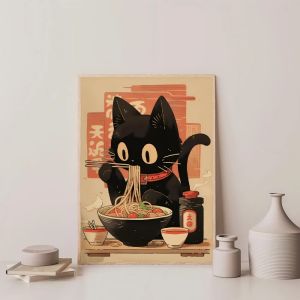 FramelessStillness Stories less 1pc Hot Style Kawaii Japanese Ramen Animal Cat Poster HD Posters Home Room Bar Cafe Decor Art
