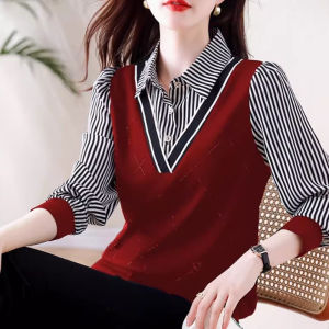 Áo Sơ Mi Nữ Tay Dài Kẻ Sọc Cao Cấp Thời Trang Xuân 2025 Cổ Polo Phong Cách Hàn Quốc Dáng Rộng Thường Ngày Chất Liệu Khác