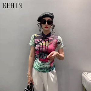 REHIN Womens top Plate buckle retro High-neck short-sleeved T-shirt unique printed bottoming European style slim S-3XL blouse