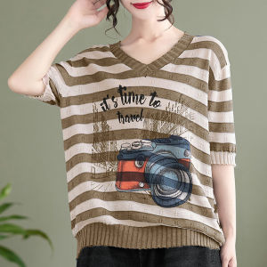 Shalldoer | Striped Cotton Loose Design V-Neck Womens T-Shirt