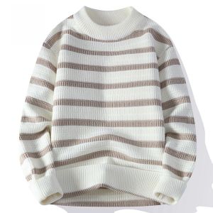 ROMON | เสื้อสเวตเตอร์ถักคอตั้งทรงหลวมสำหรับผู้ชาย ฤดูใบไม้ร่วง/ฤดูหนาว เสื้อสเวตเตอร์ถักแบบลำลอง ลายทาง คอกลม อบอุ่น แฟชั่นเยาวชน