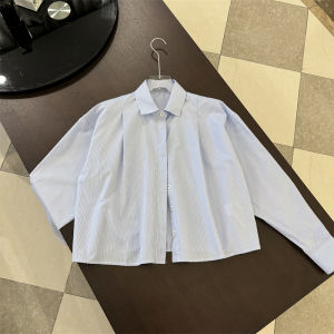 Blue Striped Simple Shirt Loose Fit Pure Cotton Long Sleeve Polo Collar Short Length Button Placket Clothing for Women