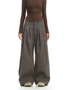 Tweed Pattern Patchwork Pleated Wide Leg Trousers