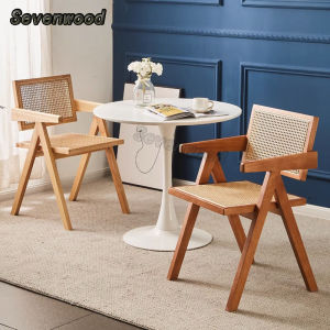 Sevenwood soild wood dining chair modern rattan chair dinner chair only arm chair kerusi makan office study chair 餐椅子