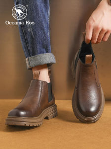 Mens Casual Chelsea Boots Brown Leather Shoes Thick Bottom High Top Fleece Lined Autumn Winter Workwear Martin Short Boots