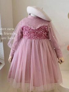 Váy Công Chúa Ren Pha Trộn Cotton Cho Bé Gái Mùa Xuân Thu Váy Công Chúa Cổ Tròn Dài Tay Váy Lưới Ngọt Ngào Cho Bé Gái