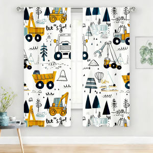 2PC Yellow Blue Construction Vehicle Kids Sheer Curtains - Playful DoodleThemed Print Window Drapes for Kids Room Bedroom Decor