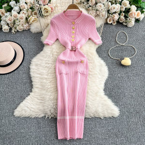 YuooMuoo Brand Fashion Women Dress 2025 Summer Belted Bodycon Long Sweater Dress Elegant Office Lady Pencil Dress Party Vestidos