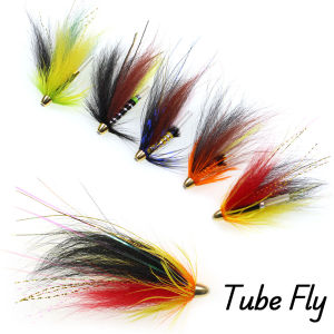 ICERIO 5PCS Salmon Steelhead Fishing Fly Brass Conehead Tube Fly Sea Bass Teasers Blue Orange Black Green Colors