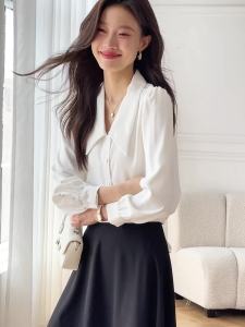 AMMIN 2024 Autumn new simple lapel fashion solid color single breasted commuter chiffon shirt womens Korean style base long sleeve elegant blouse