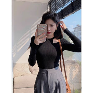 chaqi | Fashionable Hollow Out Design Long Sleeve T-Shirt Knitted Base Layer Autumn Winter Slim Fit Korean Style Round Neck Top For Girls