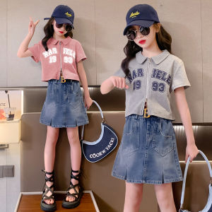 Rolanko 5-14 Years Kids Girls Denim Skirt /Pink Grey Top Girl Clothes Korean Washed Jean Mini Short Dress Summer Bottom Lapel Zipper Casual Clothing