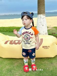 Cartoon Bear Surfing Badge Short Sleeve T-Shirt And Denim Shorts Set for Kids Cotton round Neck Short Sleeve Childrens Clothing