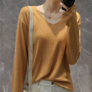 ฤดูใบไม้ร่วง ฤดูหนาว ผู้หญิง เสื้อสเวตเตอร์แคชเมียร์ คอวี สลิมฟิต เสื้อเชิ้ตถักตัวใน สไตล์เกาหลี แขนยาว ความยาวปกติ