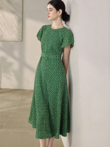 Roey s house | High-end Fashion Round Neck Tie Waist Printed Summer Elegant Office Appropriate Dress
