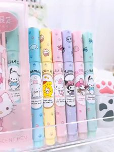 6PCS Kawaii Sanrio Character Highlighter Set - Kuromi My Melody Cinnamoroll Pompompurin Pochacco Hello Kitty Pastel Fluorescent Marker Pens Cute Aesthetic Soft Tip Highlighters for School Office Student Supplies