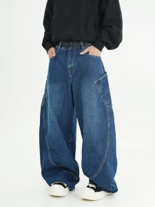 Retro American Large Pocket 3D Deconstructed Patchwork Lazy Jeans Men Loose Wide Leg Jeans Knife Edge Denim Youth Casual Fit