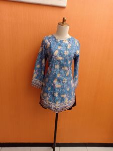 atasan tunik wanita biru motif batuk S M cewek blouse lengan panjang