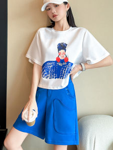 Summer 2025 Womens Casual Sportswear Set Short Sleeve Shorts Two-Piece Suit Fashionable Design Cotton Polyester Spandex Blend