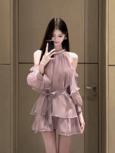 Elegant Purple Off-Shoulder A-Line Mini Dress Womens Spring Summer Loose Fitted Neck Hanging Gown Fairy Skirt High Waist