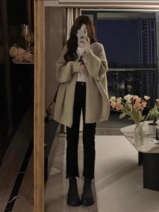 Lush Thickened Soft Knitted Cardigan Loose Sweater Spring Autumn New Style Outerwear Cashmere Long Sleeve V Neck Button up