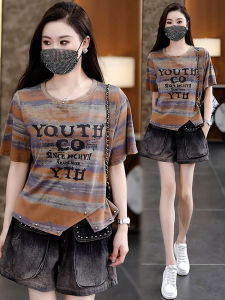 Shalldoer | Summer Womens Short Sleeve T-Shirt And Denim Shorts Two-Piece Set Gradient Dyeing Print Irregular Design Fashionable Outfit