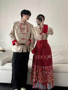 New Chinese Style Couple Matching Outfits Red Horse Face Skirt Mens And Womens Engagement Wear Loose Fit Long Sleeve Shirt