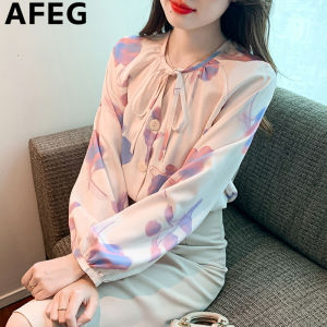 AFEG Korean V-neck bow fashion loose temperament silk satin printed lantern sleeve blouse