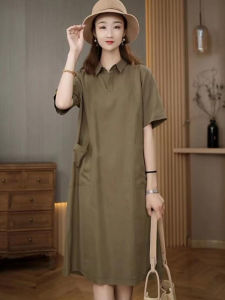 ชุดเดรสยาวปานกลางทรงหลวมสบายๆ สำหรับผู้หญิง แขนสั้น ทรงหลวม ทรงเข้ารูป สไตล์เกาหลี ฤดูร้อน 2025 ชุดเดรสยาวปานกลางทรงเข้ารูป