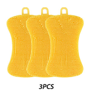 3Pcs Silicone Dish Washing Scrubber Double Sided Food Grade Sponge Brush Scouring Pad Kitchen Cleaning Tool for Pots Pans Fruits