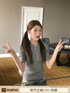 Slim Design Lazy Simple Gray Henley Collar Short Sleeve T-Shirt