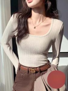 miiow | Slim Fit Long Sleeve U-Neck Base Shirt For Women Spring Autumn Style Low Cut Fashionable Inner Wear Cat Person New 2025 Top