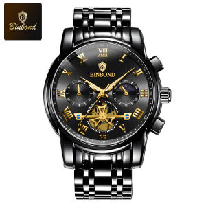 BINBOND Top Brand Mens Watch Classic Roman Scale Dial Luxury Wrist Watch for Men Original Quartz Waterproof Luminous Chronograph