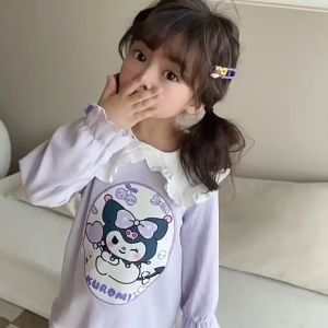 LNR Shop Dress Gaun Sanrio Import Motif Kuromi Frozen Elsa My Melody Stella Lou Lengan Panjang Berkerah Ruffle Rok Midi Anak Perempuan Kawaii Baju Tidur Santai Jalan Jalan Bordir Japanesse
