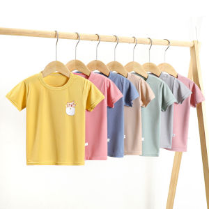 Ice Silk Short Sleeve T-Shirt Childrens Pure Color Cartoon mid Large Children Baby Half Summer New Arrival Casual Fiber Fabric