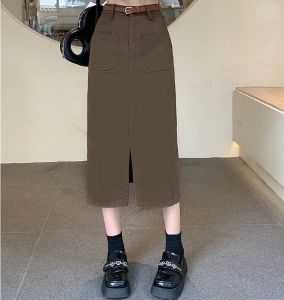 Wanita Panjang Rok Pinggang Tinggi Longgar A-line Rok Dobel Saku Membelah Desain