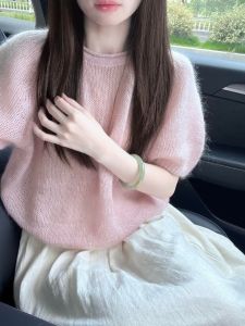 Pink Soft Mohair Knitted Sweater Short Sleeve Womens Style Casual Loose Fit Comfortable Breathable Korean Fashion Inner Wear
