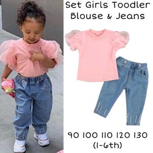 SETELAN ANAK PEREMPUAN IMPORT MURAH KOREAN STYLE CASUAL TSHIRT PUFF SLEEVE JEANS